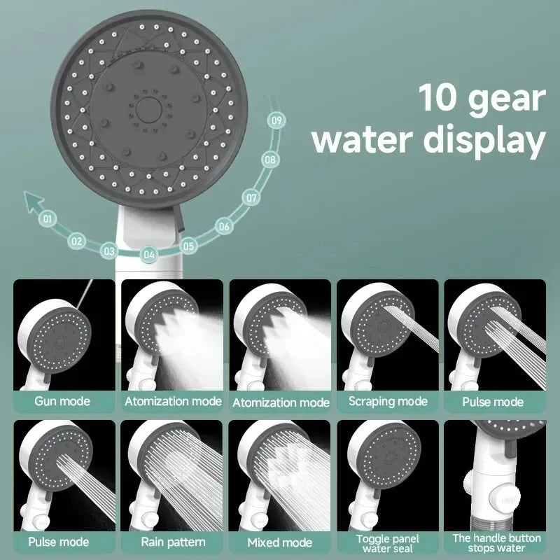 10-Settings Handheld Showerhead with Adjustable High-Pressure Filter, Portable One-Click Stop Shower Accessory