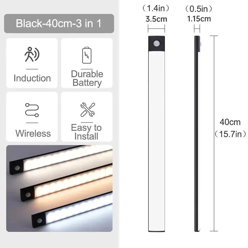 10-60cm Ultra-Thin Motion Sensor Light Magnetic Mount USB Rechargeable 3-Color Adjustment Under Cabinet Light for Home Office