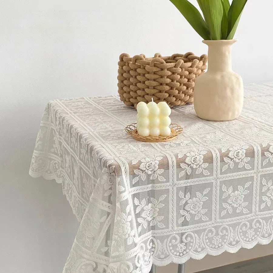 One Antique Embroidered Lace Tablecloth - Solid Color Elegant Flower Cut Process Polyester Square Tablecloth, 100% Polyester