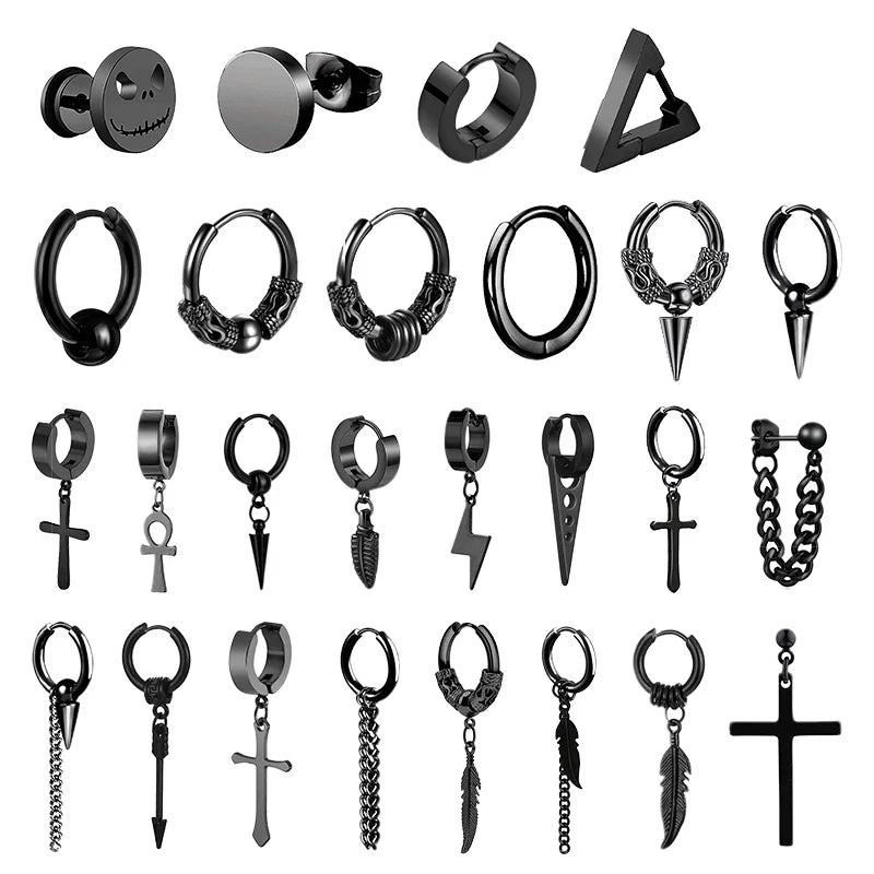 Punk Stainless Steel Stud Earrings Set | Unisex Hip Hop Piercing Jewelry