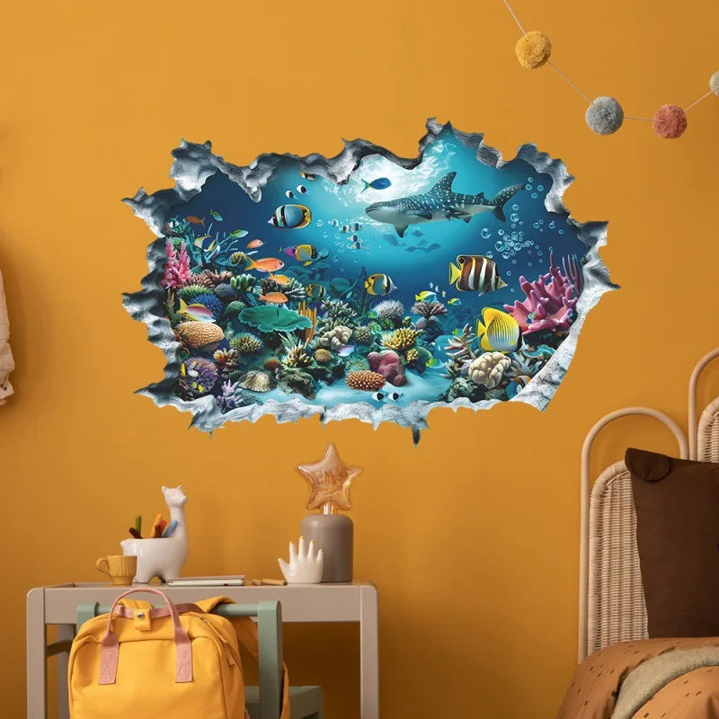 3D Shark Wall Decal | Ocean Underwater World Mural for Bedroom