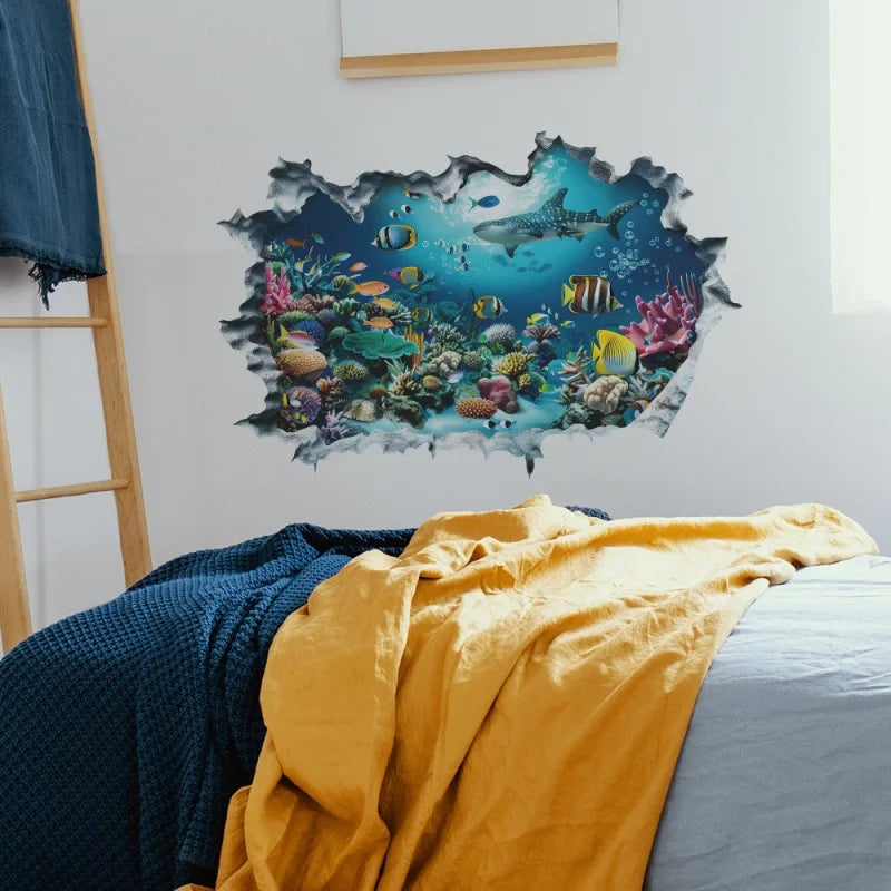 3D Shark Wall Decal | Ocean Underwater World Mural for Bedroom