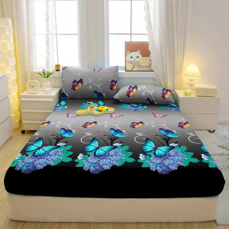 1 Simple Modern Plant Flower Butterfly Printed Matte Fitted Sheet, Bedroom Printed Bed Cover, Bedding (Excluding Pillowcases)