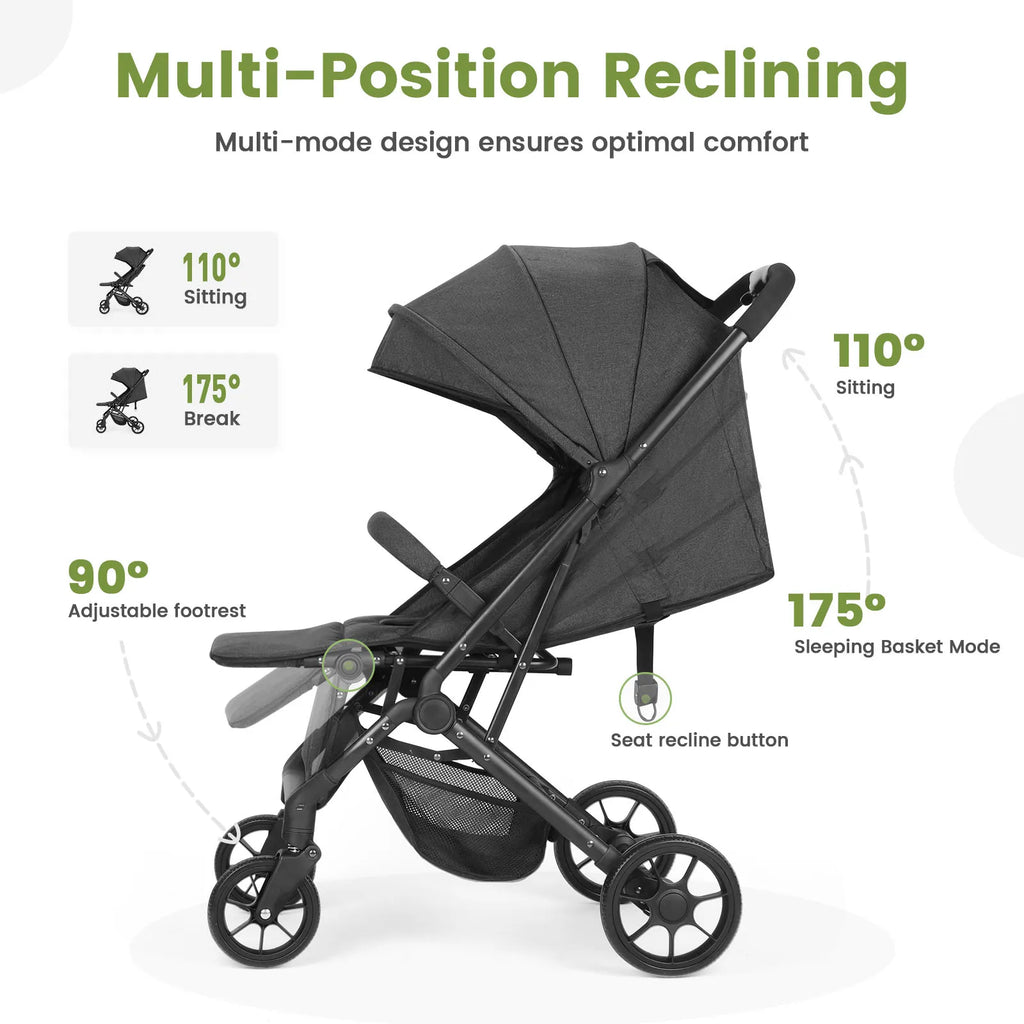Lightweight Stroller, One-Hand Fold Compact Travel Stroller with 4-Wheel Suspension, Adjustable Recline & Canopy