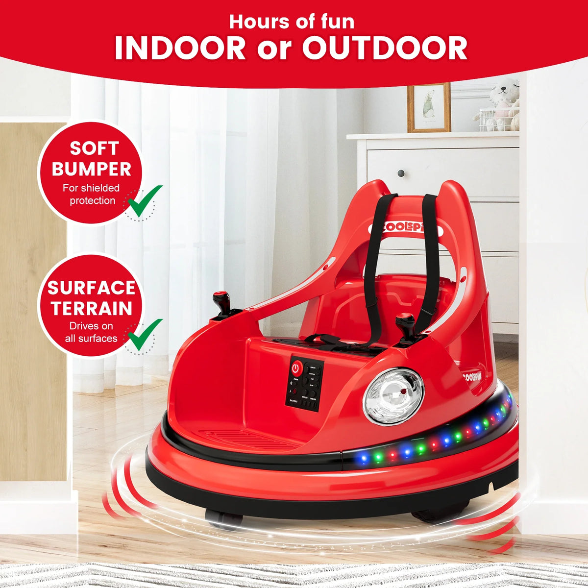 12V Bumper Car for Toddlers Electric Ride On Toys for Kids 1-6 Years LED Lights, 360 Degree Spin, Supports up to 66lbs