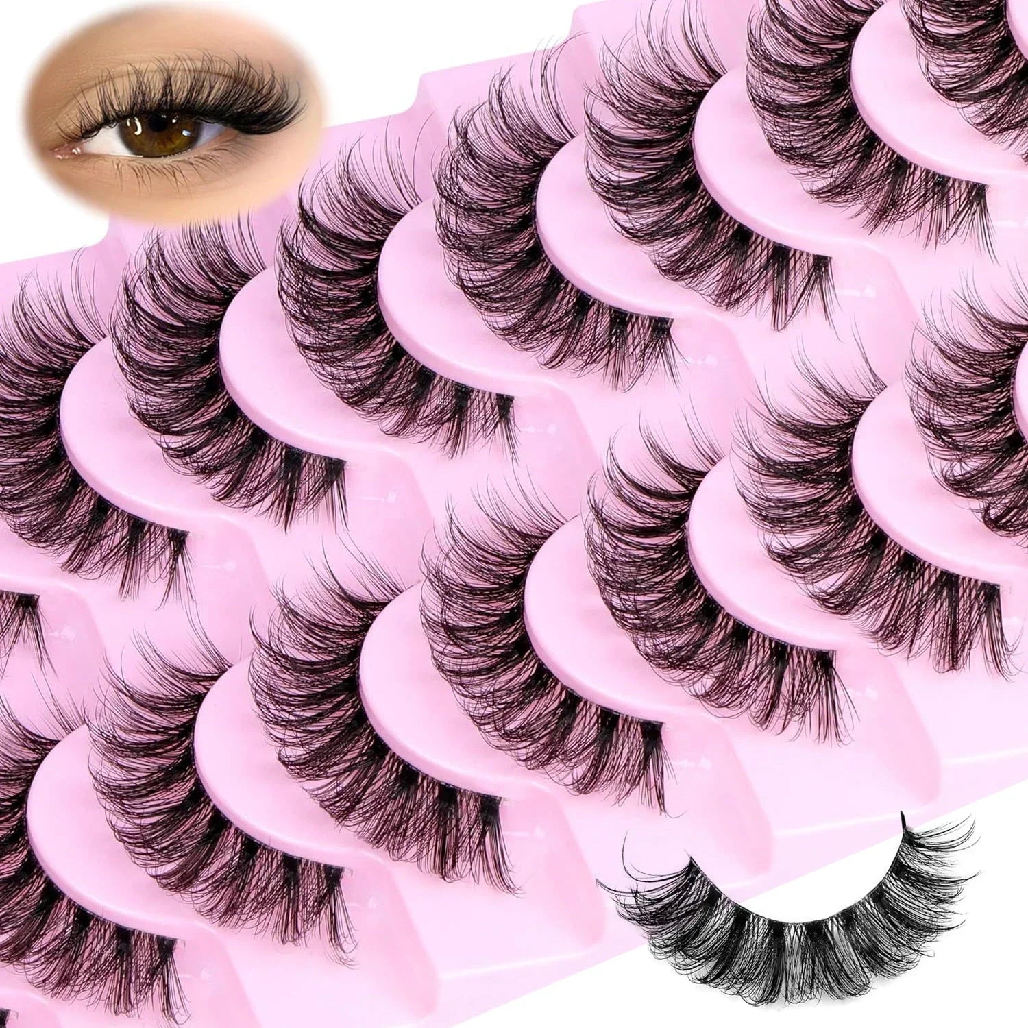 10 Pairs Natural Fluffy False Eyelashes | Wispy 3D Volume Strip Lashes with Clear Band