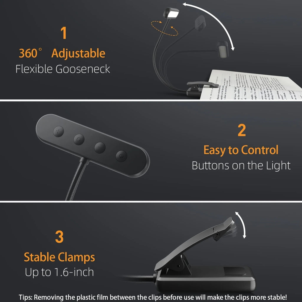 1 pcs USB Rechargeable Book Light 3 Color Adjustable LED Reading Lamp with Clamp Eye-Care Night Light for Bed, Study Desk