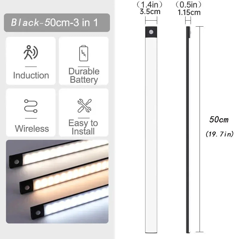 10-60cm Ultra-Thin Motion Sensor Light Magnetic Mount USB Rechargeable 3-Color Adjustment Under Cabinet Light for Home Office