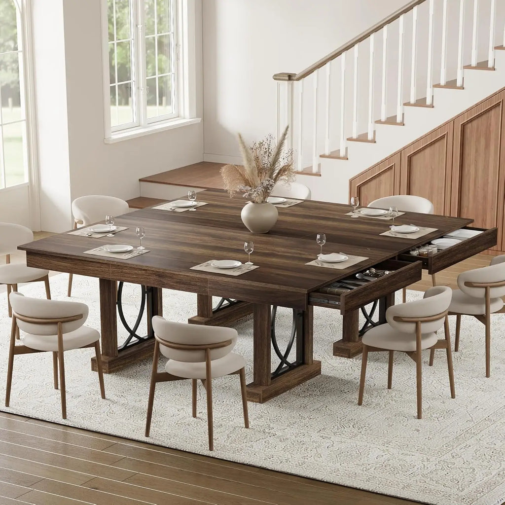 Wooden Rectangular Kitchen Table with Double Pedestal & Large Tabletop Dining Room Table for 6-8 with 2 Drawers Walnut
