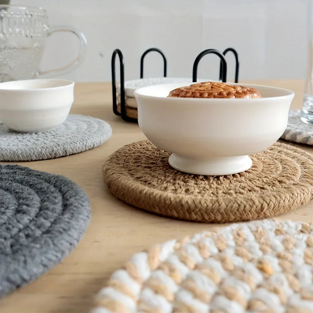 4pcs Woven Absorbent Coaster Set High-Temperature Resistant Cup Pad for Coffee Tea Drinks