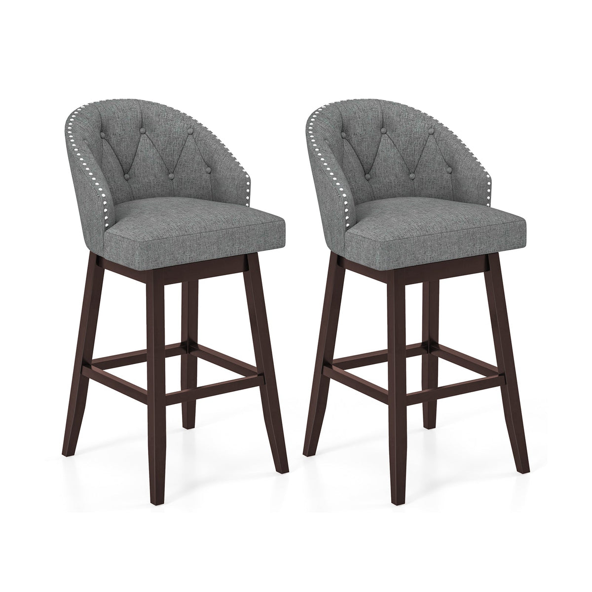 Set of 2 Swivel Bar Stools with Rubber Wood Legs and Padded Back