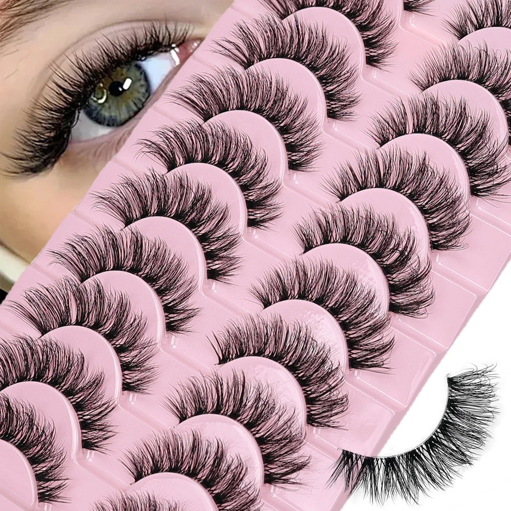10 Pairs Natural Fluffy False Eyelashes Wispy Lashes | 3D Volume Strip Lashes D Curl Fake Eyelashes with Clear Band