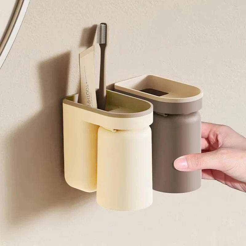 1 Pc Innovative Toothbrush Storage Rack No Hole Light Luxury Mouthwash Cup Brush Cup Wall Mounted Bathroom Organizer Couple