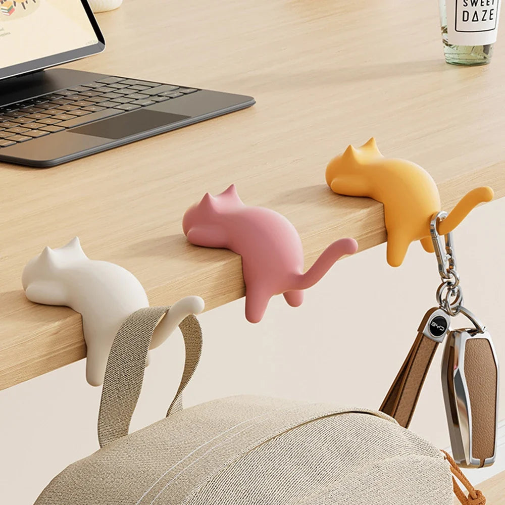 Cat Shaped No Trace Hooks, Damage-Free Wall Mount Holder Clip for Bag/Purse/Pencil Case on Desk Table Study Office