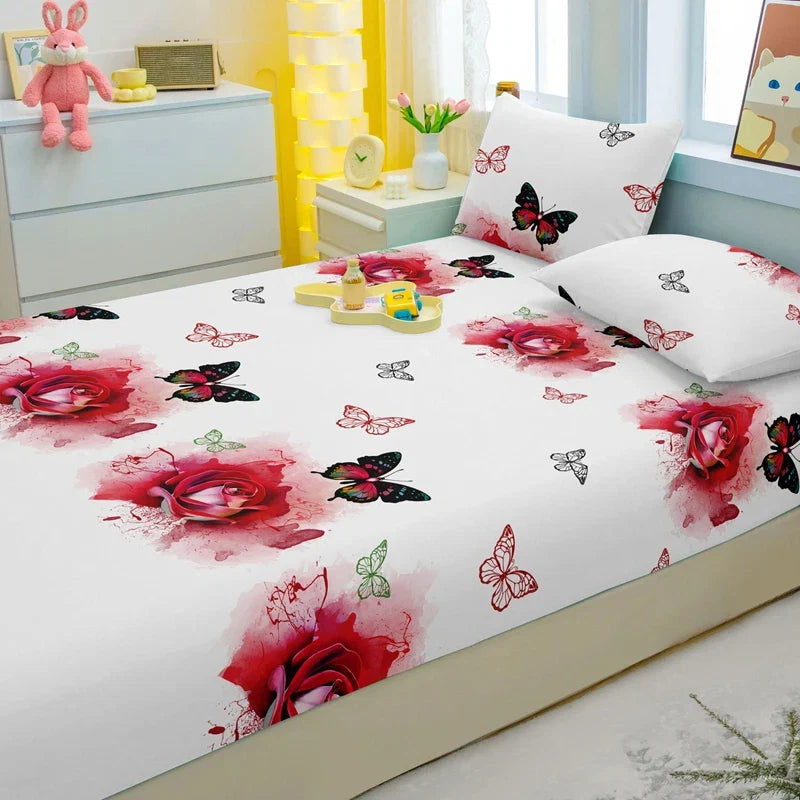 1 Simple Modern Plant Flower Butterfly Printed Matte Fitted Sheet, Bedroom Printed Bed Cover, Bedding (Excluding Pillowcases)