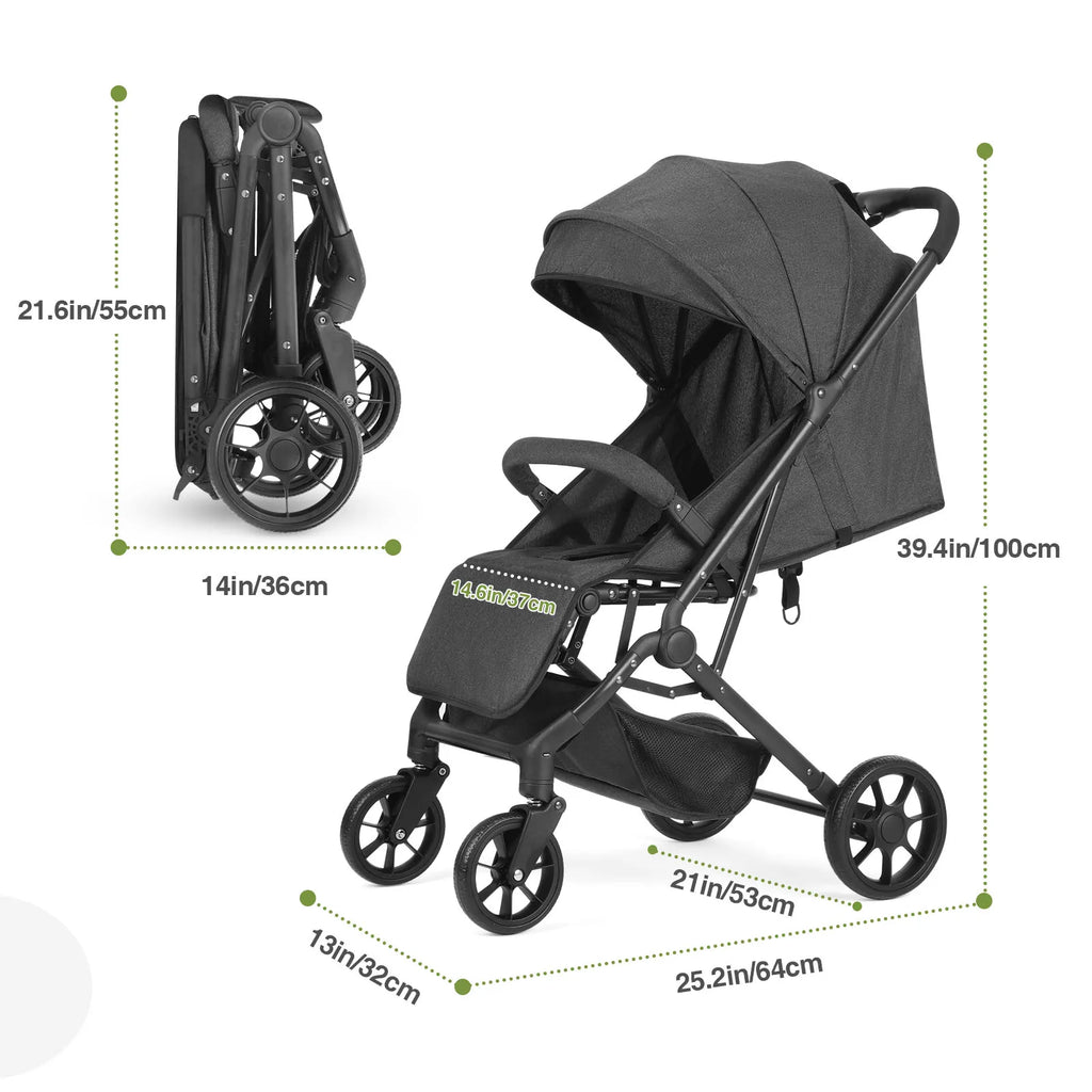 Lightweight Stroller, One-Hand Fold Compact Travel Stroller with 4-Wheel Suspension, Adjustable Recline & Canopy