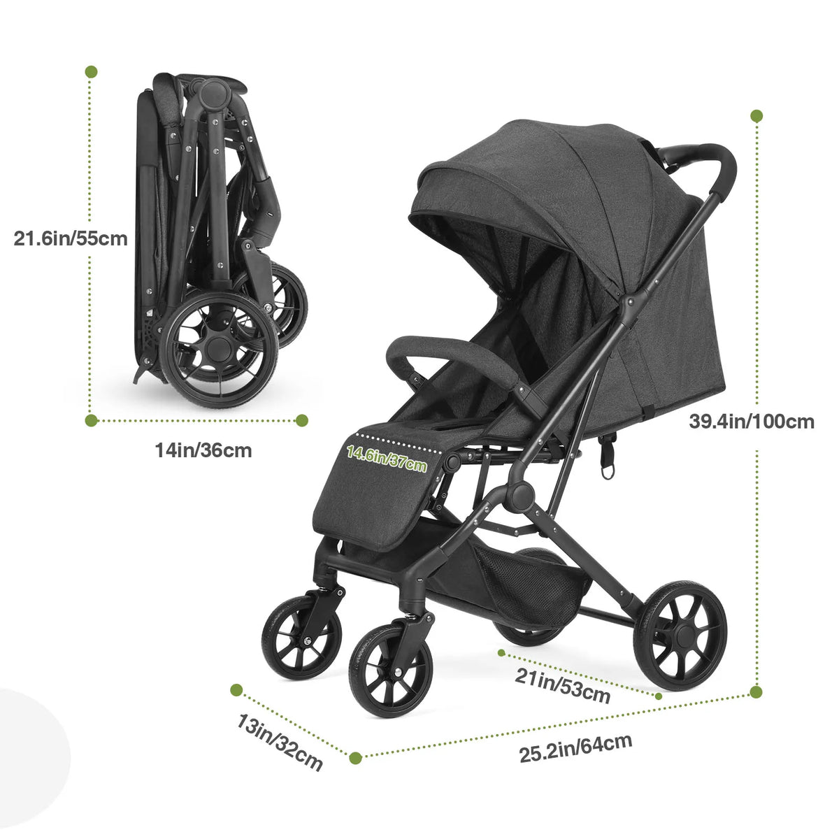 Lightweight Stroller, One-Hand Fold Compact Travel Stroller with 4-Wheel Suspension, Adjustable Recline & Canopy