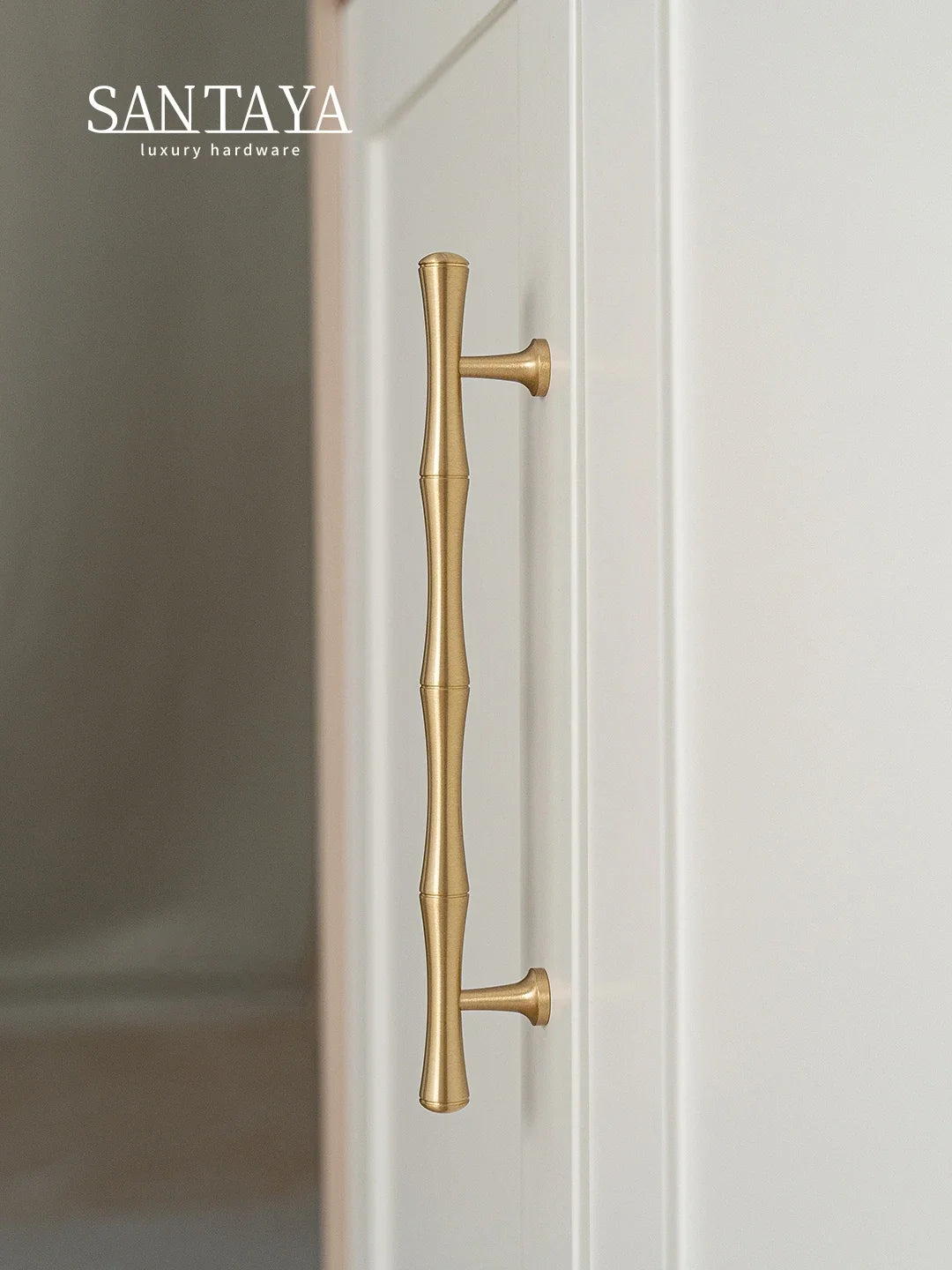 Santaya Solid Brushed Brass Handle Bamboo Kitchen Cabinet Pull Wardrobe Drawer Knob