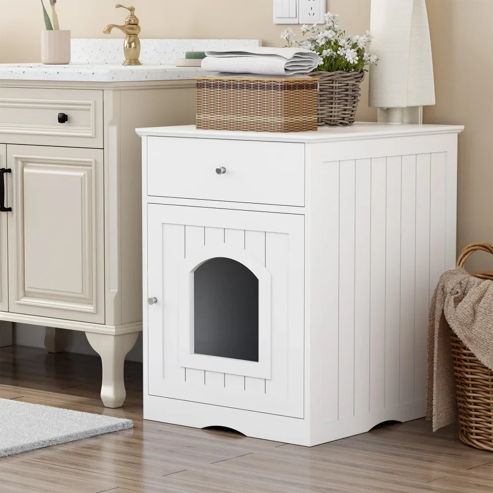 Wooden Cat Litter Box Enclosure with Drawer Pet House Indoor Cat Crate Nightstand Side Table Pet Furniture