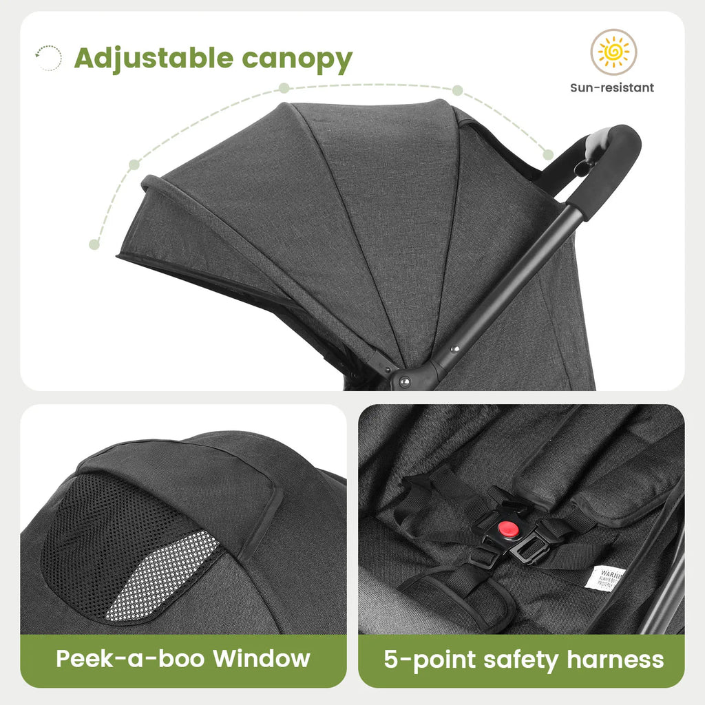 Lightweight Stroller, One-Hand Fold Compact Travel Stroller with 4-Wheel Suspension, Adjustable Recline & Canopy