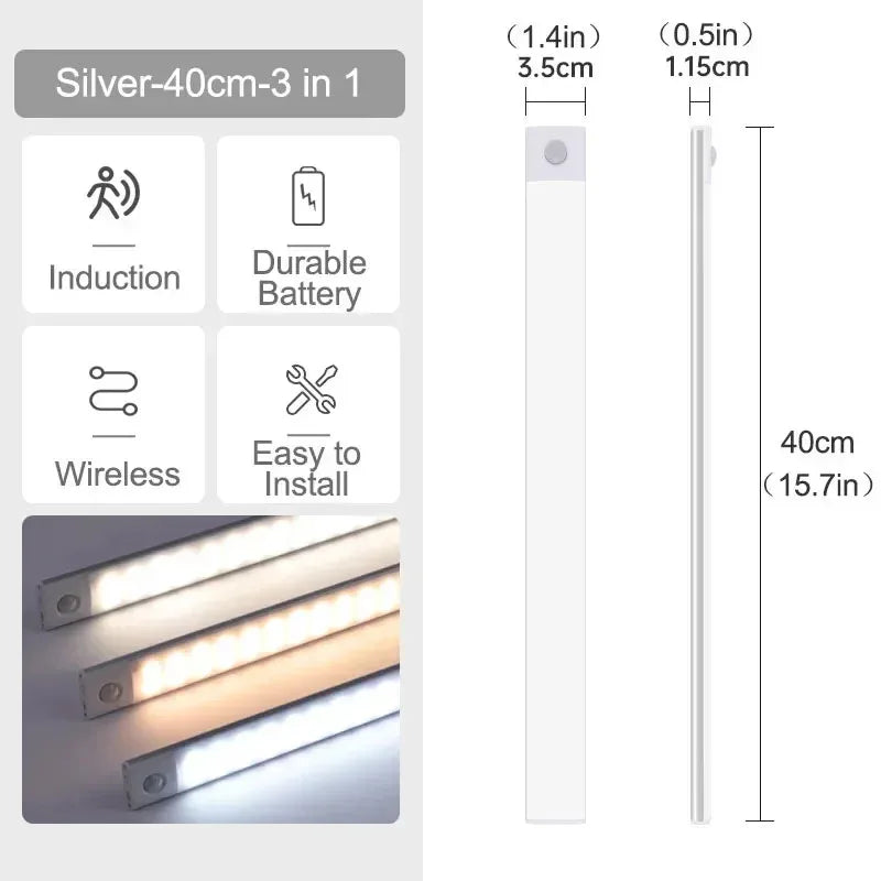 10-60cm Ultra-Thin Motion Sensor Light Magnetic Mount USB Rechargeable 3-Color Adjustment Under Cabinet Light for Home Office