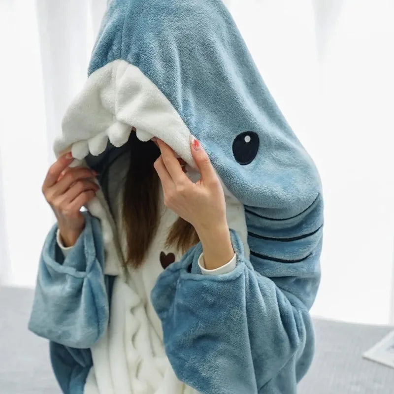 Cartoon Shark Blanket Plaid Gown Sleeping Bag Women Pajamas Adult Blanket Flannel Shark Nightrobe Comfy Bathrobe Homewear Gift