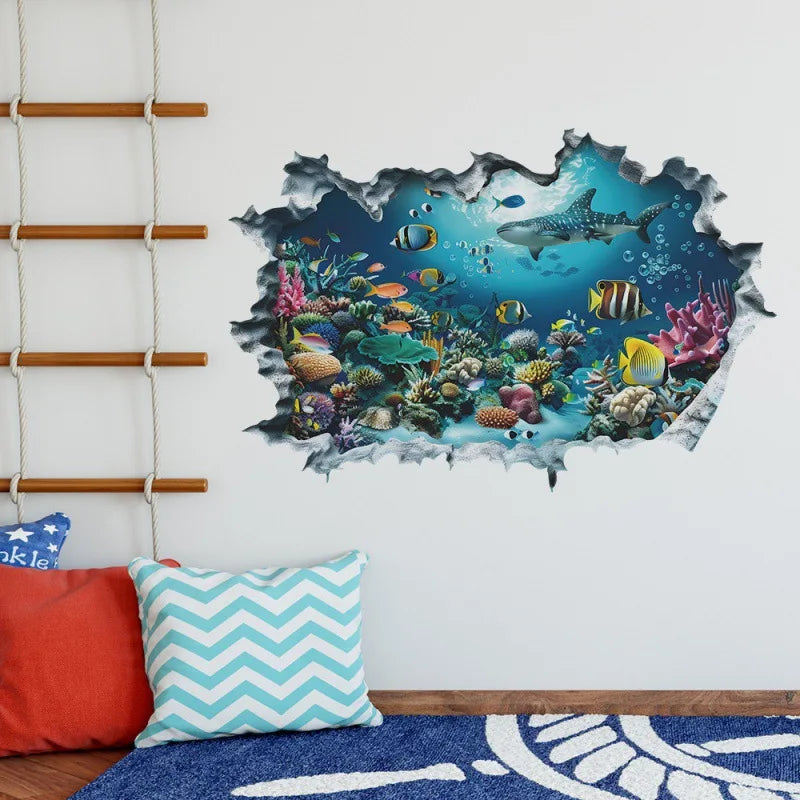 3D Shark Wall Decal | Ocean Underwater World Mural for Bedroom