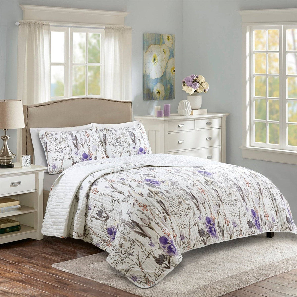 King Size Lightweight Purple Grey White Floral Quilt Set