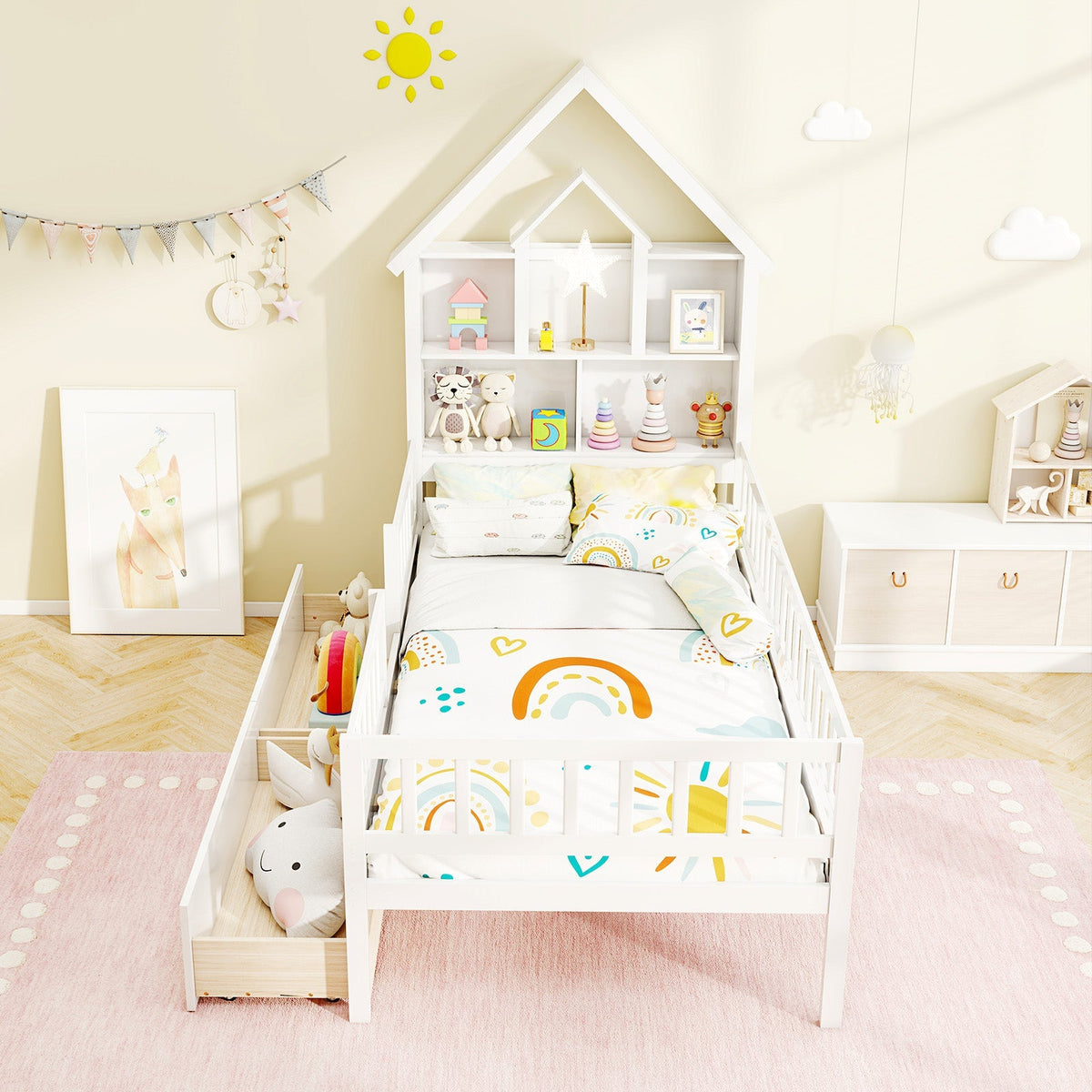 Twin Size House Bed Kids Montessori Bed with House-Shaped Storage Headboard-White