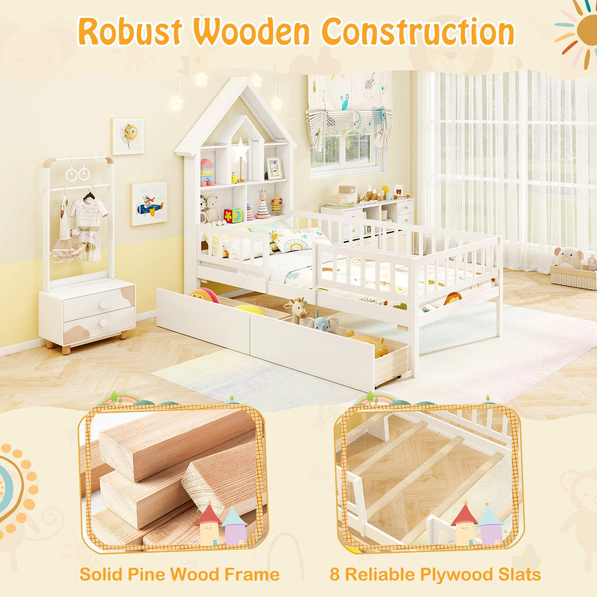 Twin Size House Bed Kids Montessori Bed with House-Shaped Storage Headboard-White