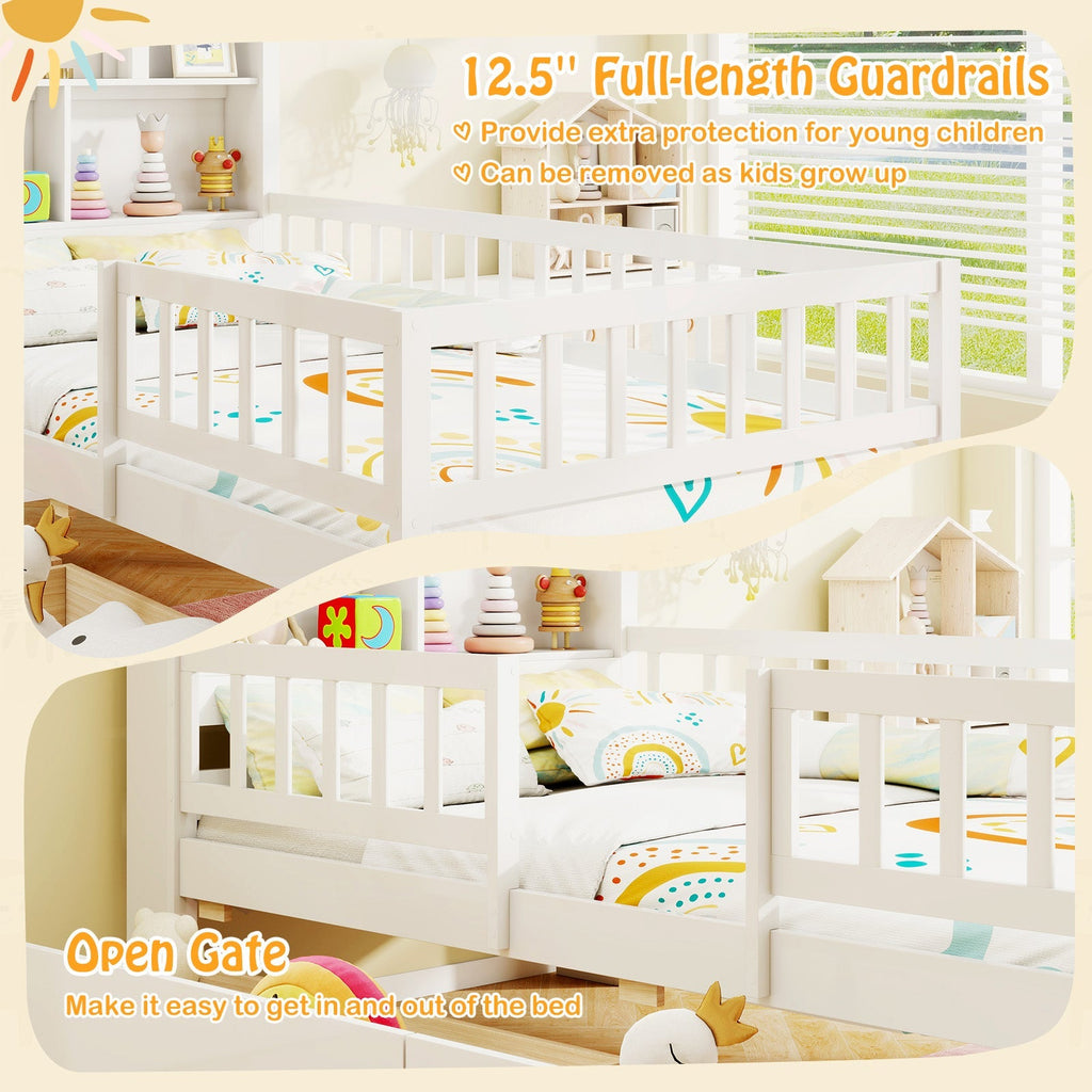 Twin Size House Bed Kids Montessori Bed with House-Shaped Storage Headboard-White