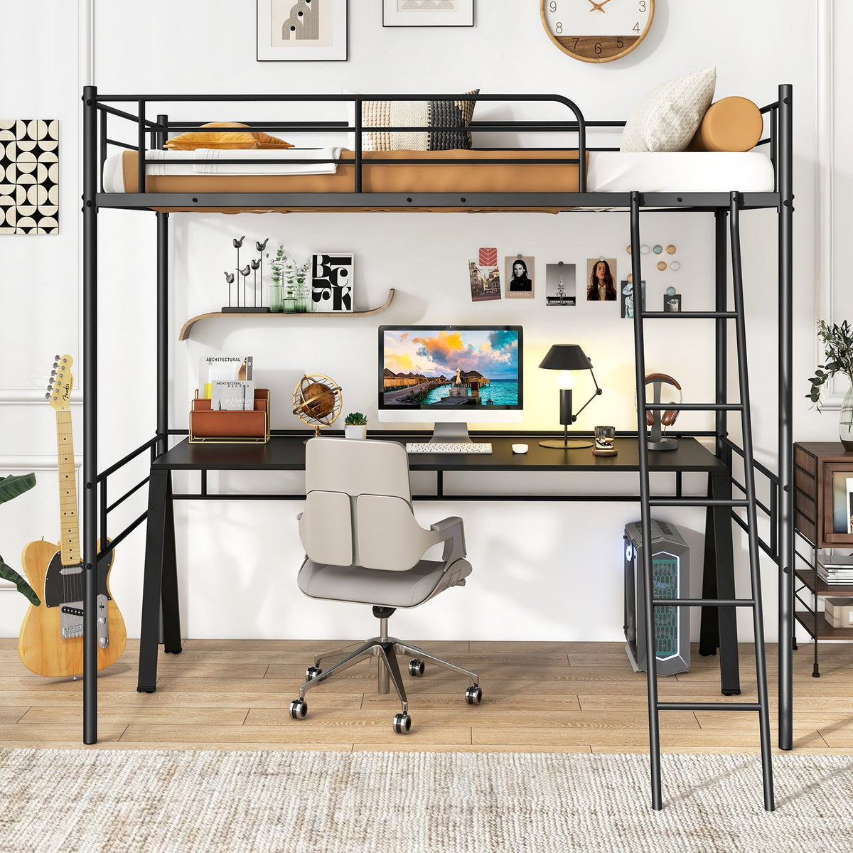 Twin Size Loft Bed Metal Bed Frame with Ladder and Guardrails-Black