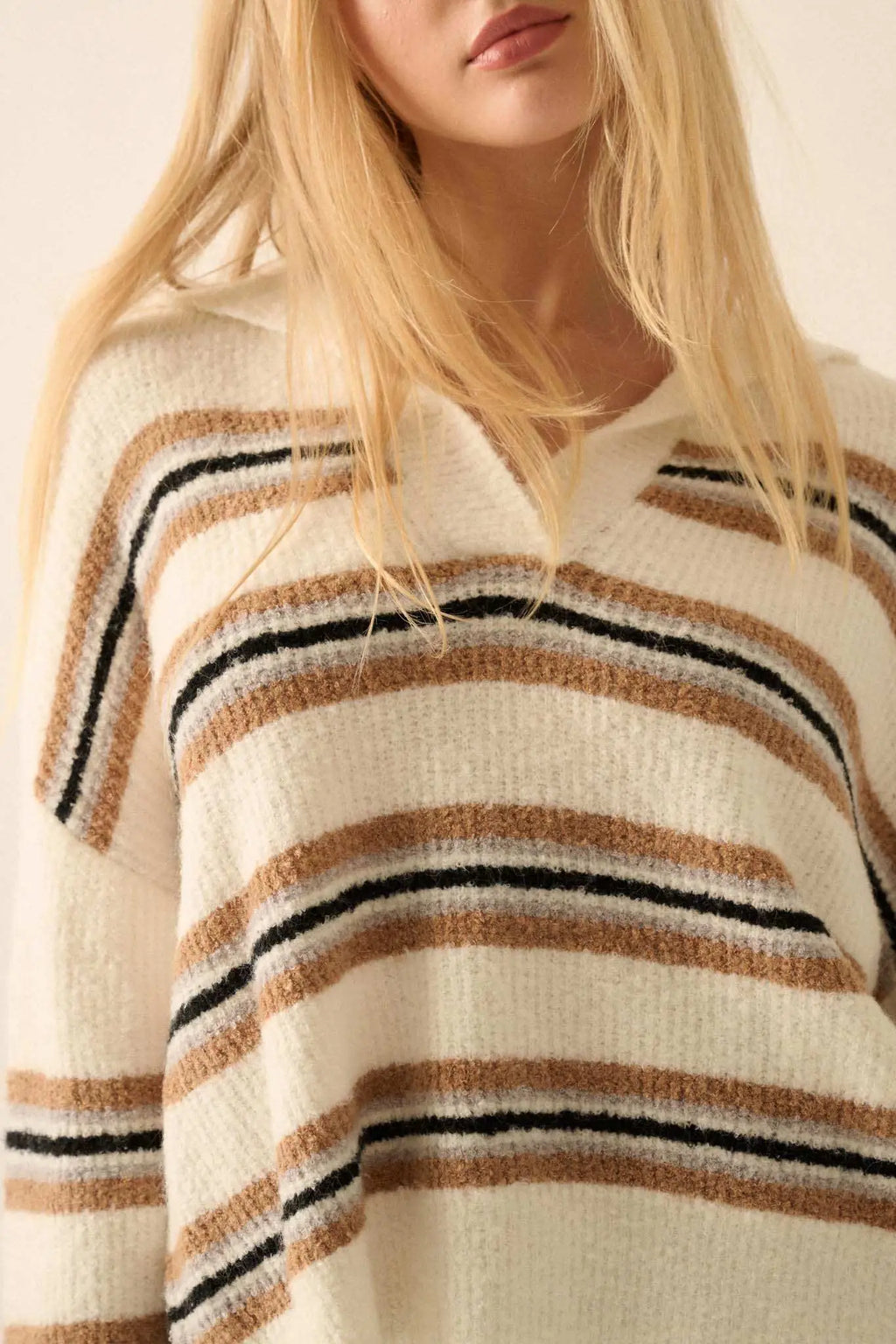 First in Line Striped Split-Neck Collared Sweater