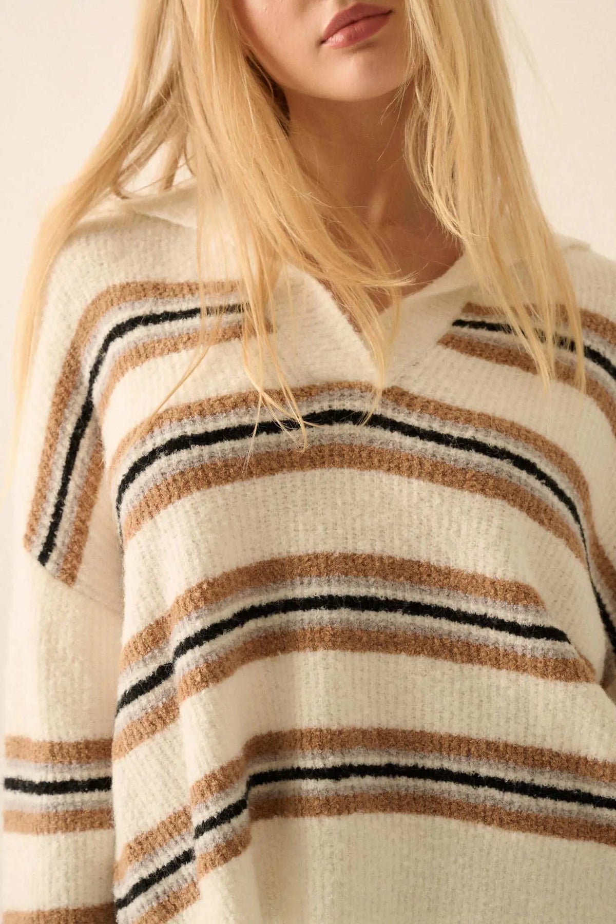 First in Line Striped Split-Neck Collared Sweater