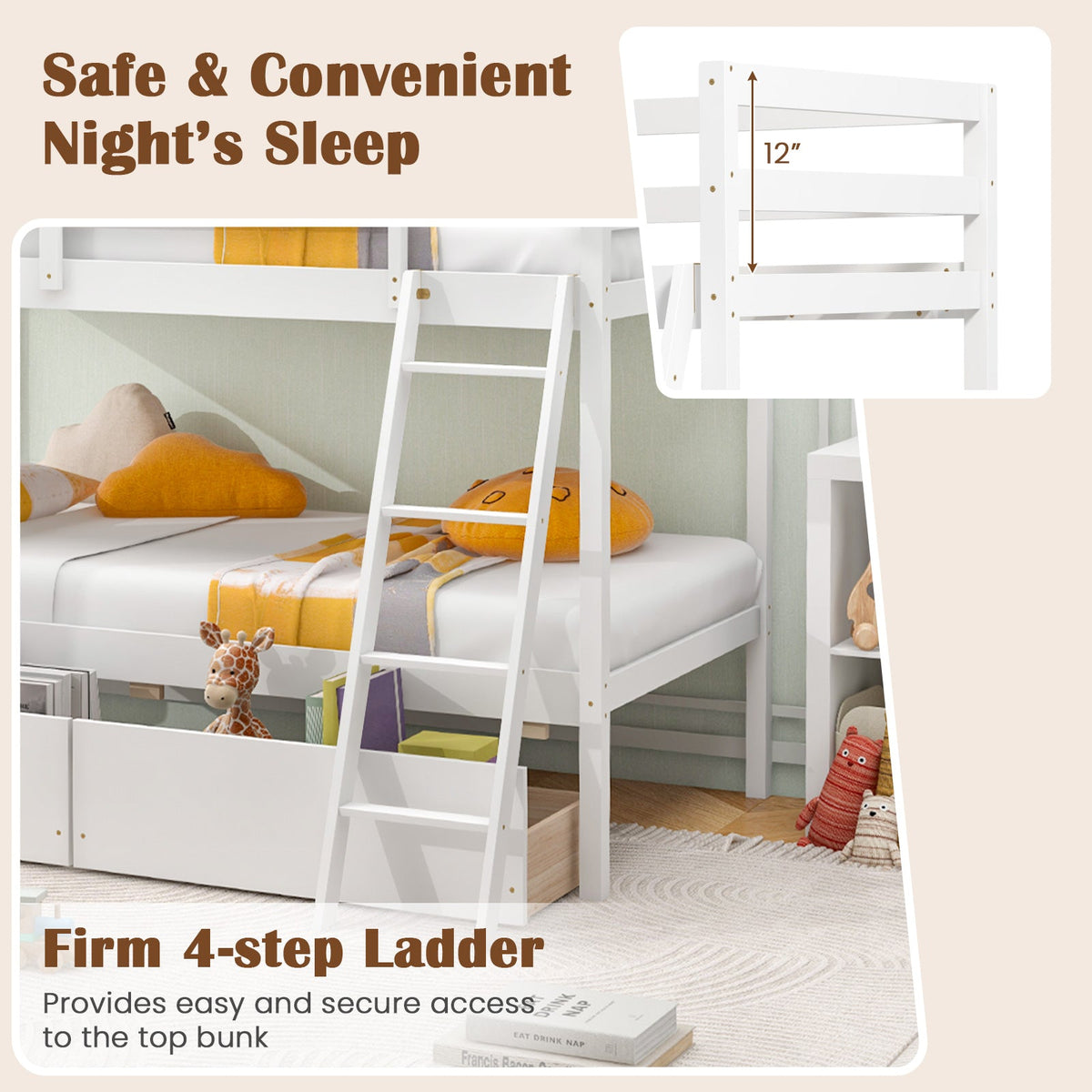 Twin Over Twin Bunk Bed Wood Bed Frame with 2 Storage Drawers and Ladder