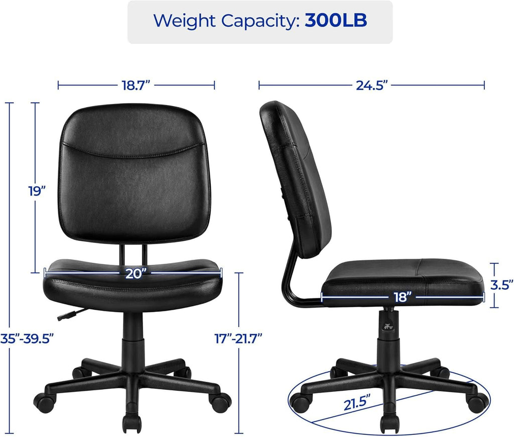 Armless Ergonomic Office Chair Black PU Leather Swivel