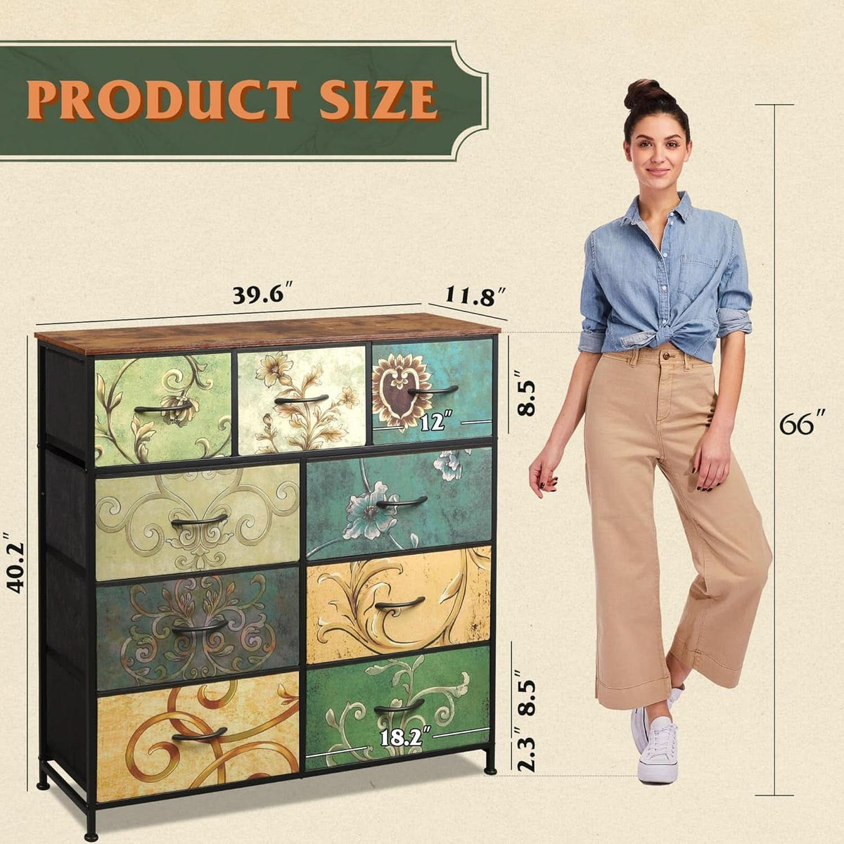 9 Drawer Dresser With Fabric Bins Floral Pattern Wood Top
