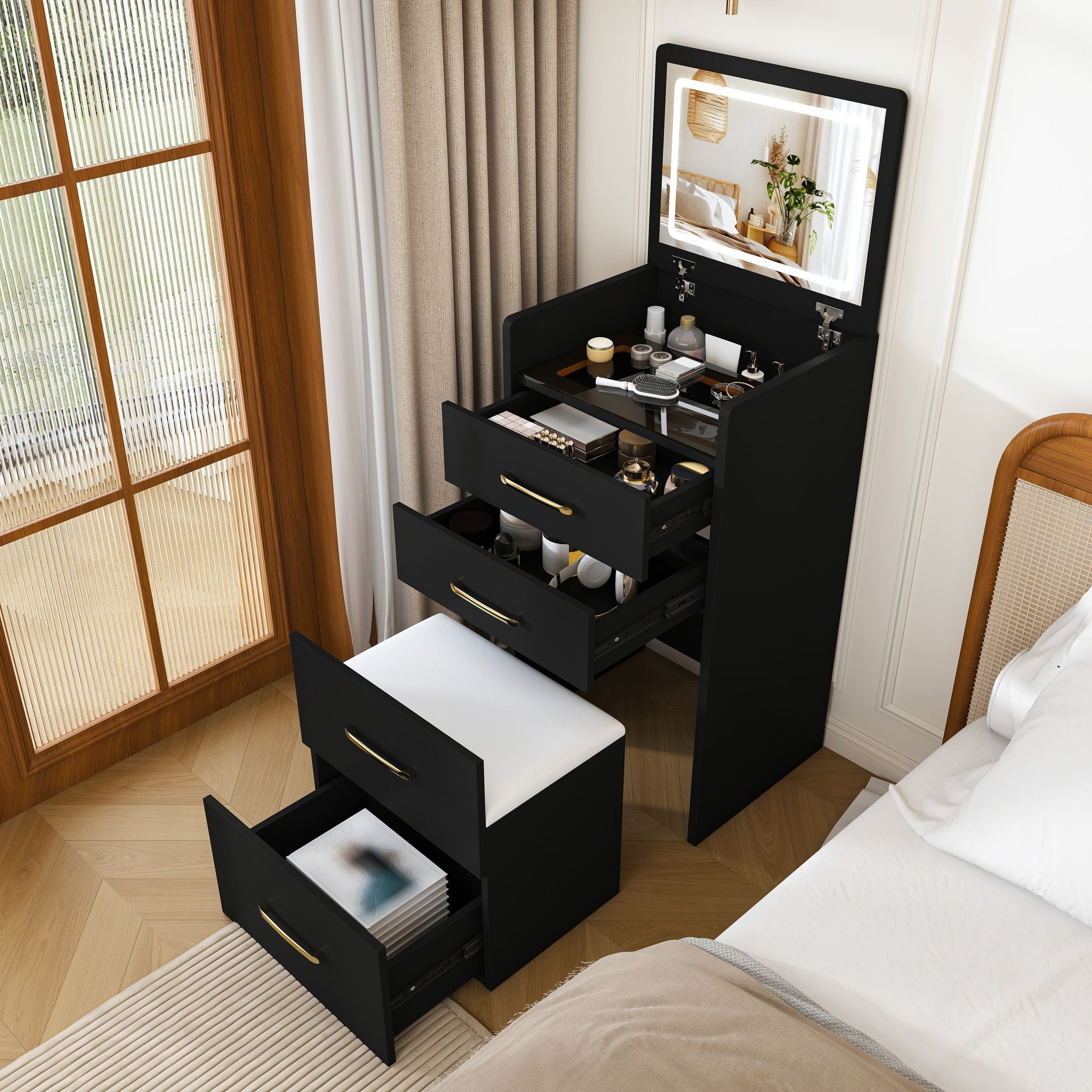 3 In 1 Vanity Desk With Open Top Mirror, Glass Desktop Makeup Set With 3 Drawers, Compact Dressing Table For Bedroom - Black