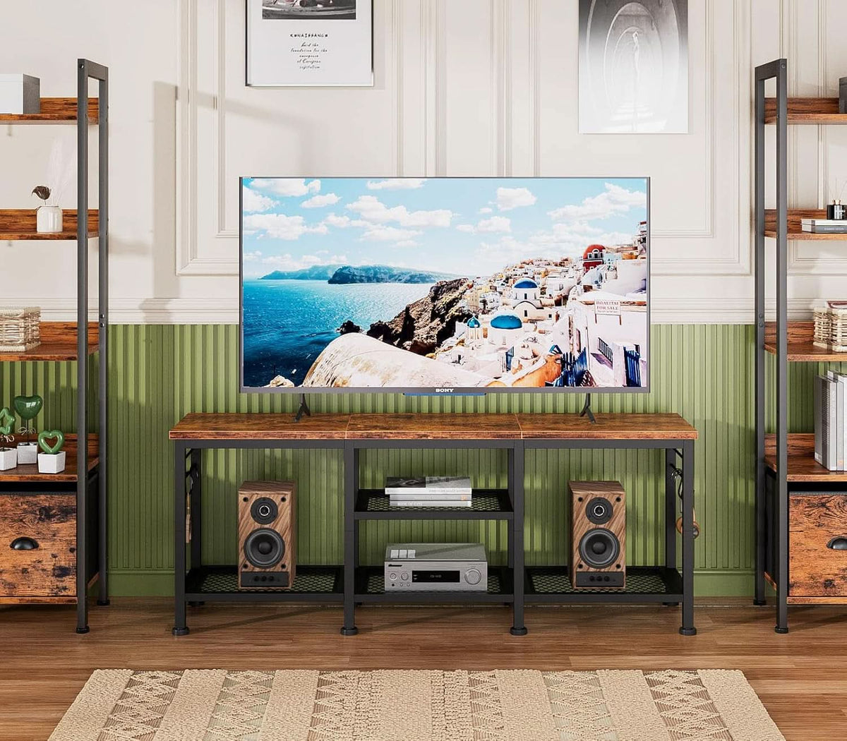Rustic Brown TV Stand For 55 Inch With Open Storage Shelves