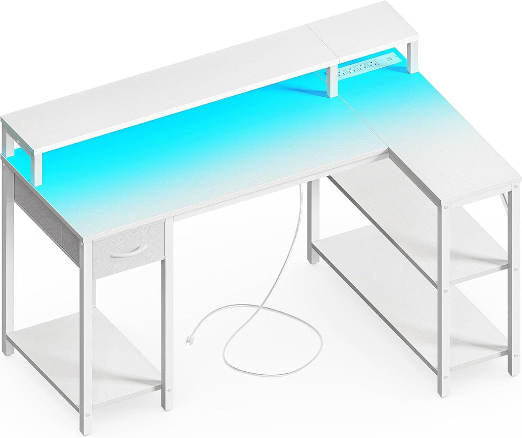 47 Inch White L Shaped Desk With LED Power Drawer Unit