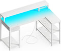 47 Inch White L Shaped Desk With LED Power Drawer Unit