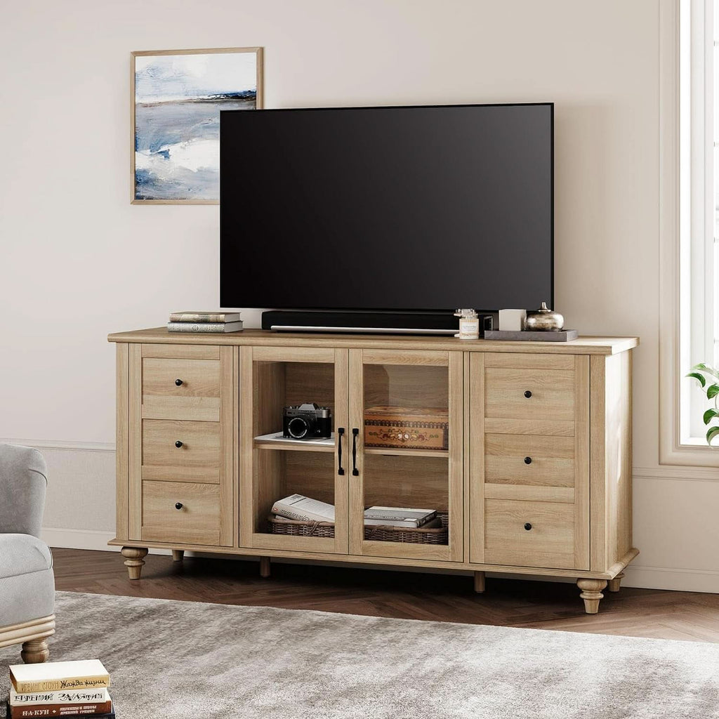 Oak Glass Door Farmhouse TV Stand For 75 Inch TVs Console