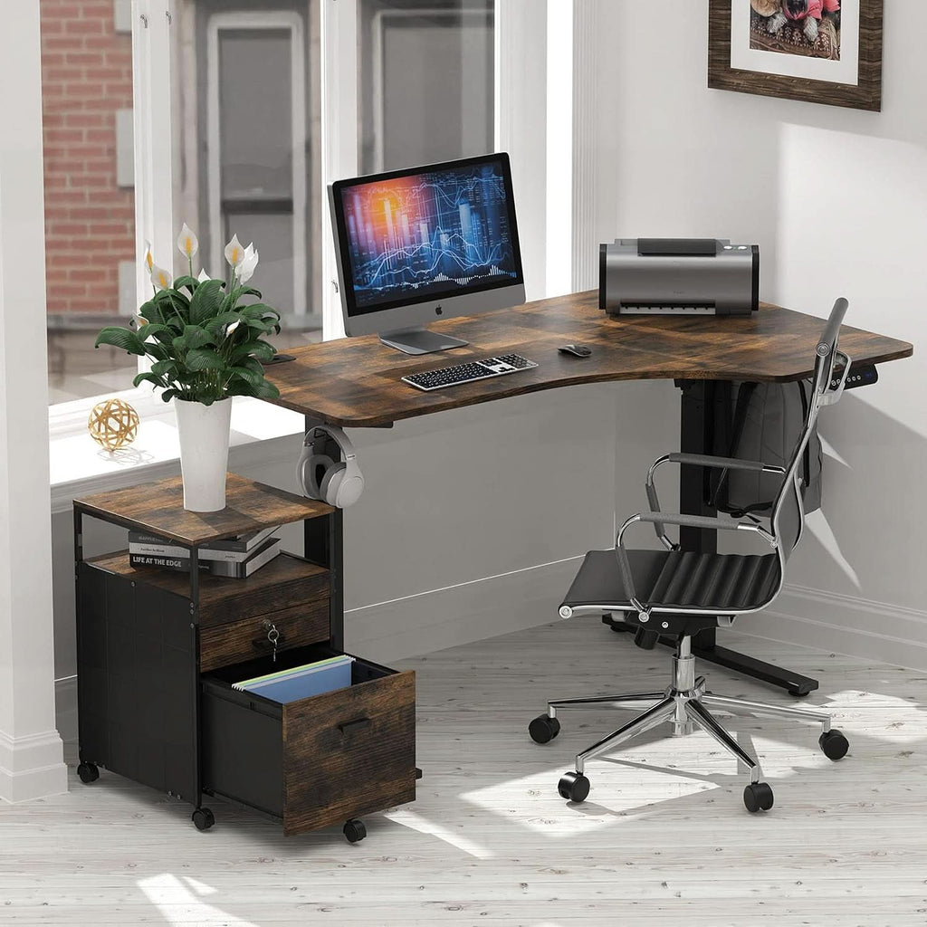 Rolling Mobile File Cabinet Drawers Open Shelf Rustic Brown