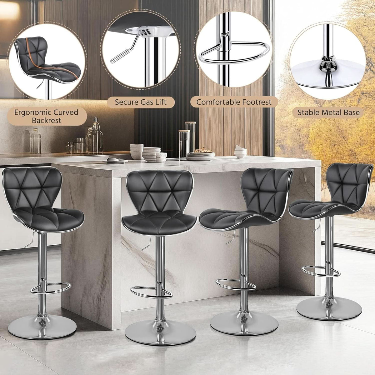 Grey Adjustable PU Leather Swivel Bar Stools Set of 2, Counter Height