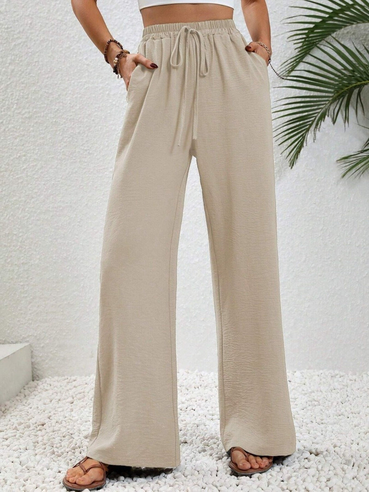 Casual Drawstring Wide Leg Pants: Apricot
