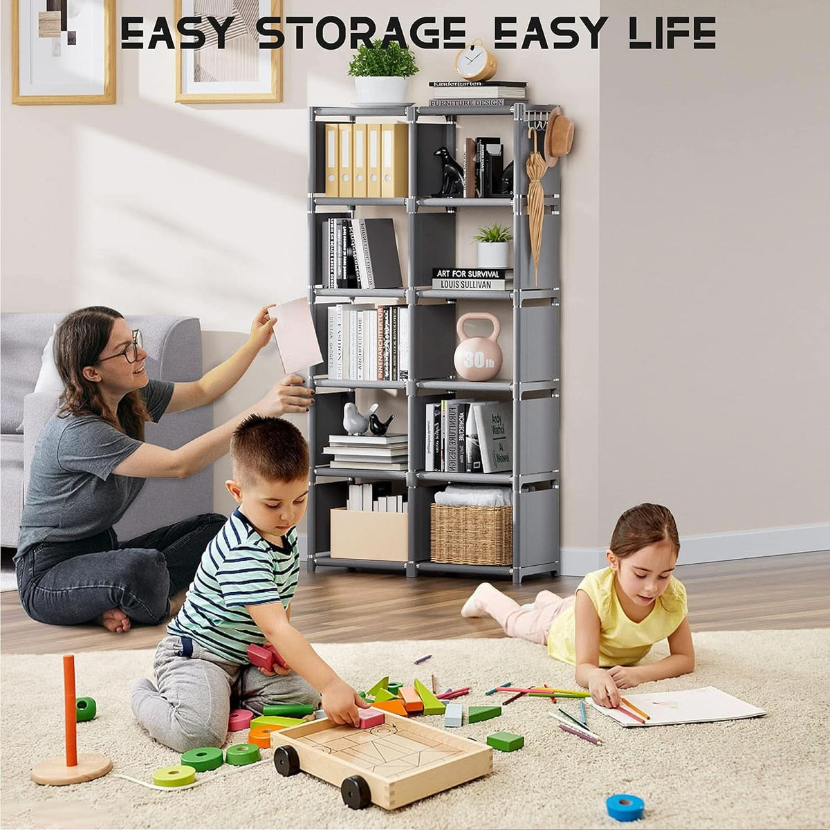 12 Cube Grey Metal Bookcase Storage Organizer Home Office