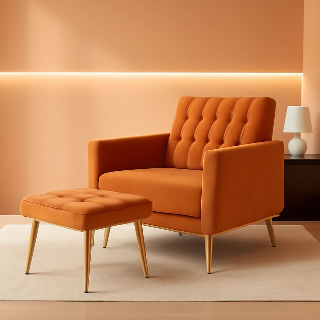 Velvet Armchair With Ottoman And Adjustable Backrest Orange