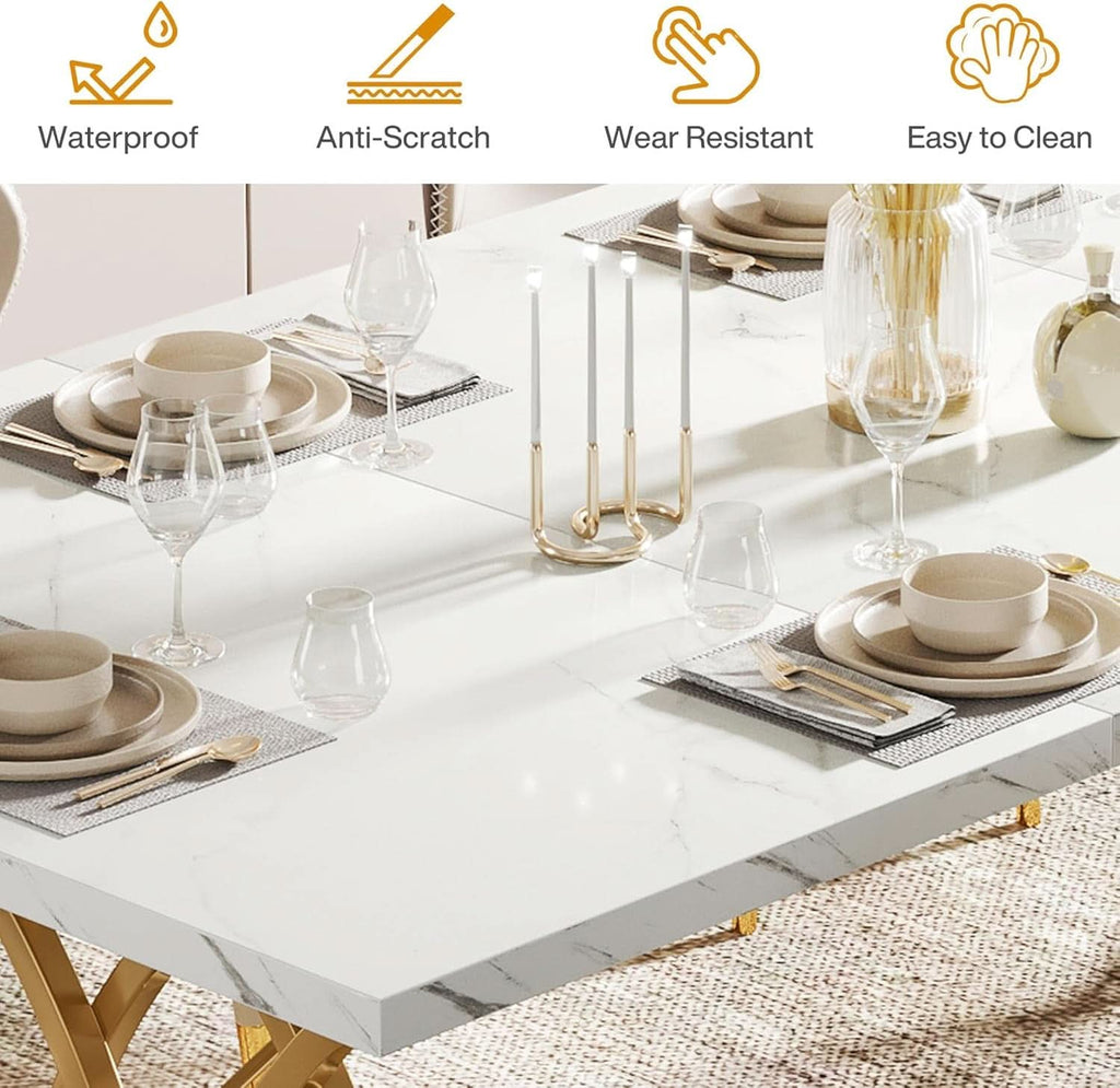 63 Inch Dining Table With Faux Marble Top For Kitchen And Dining Room
