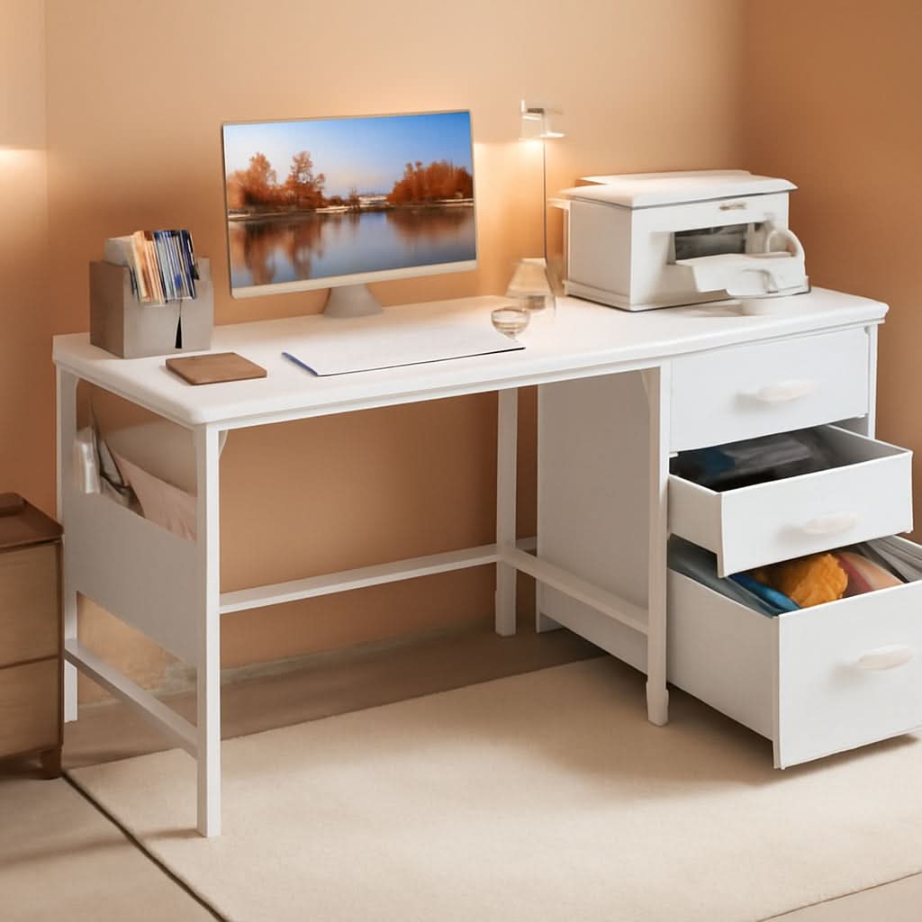 47 Inch White Computer Desk With Fabric File Drawers
