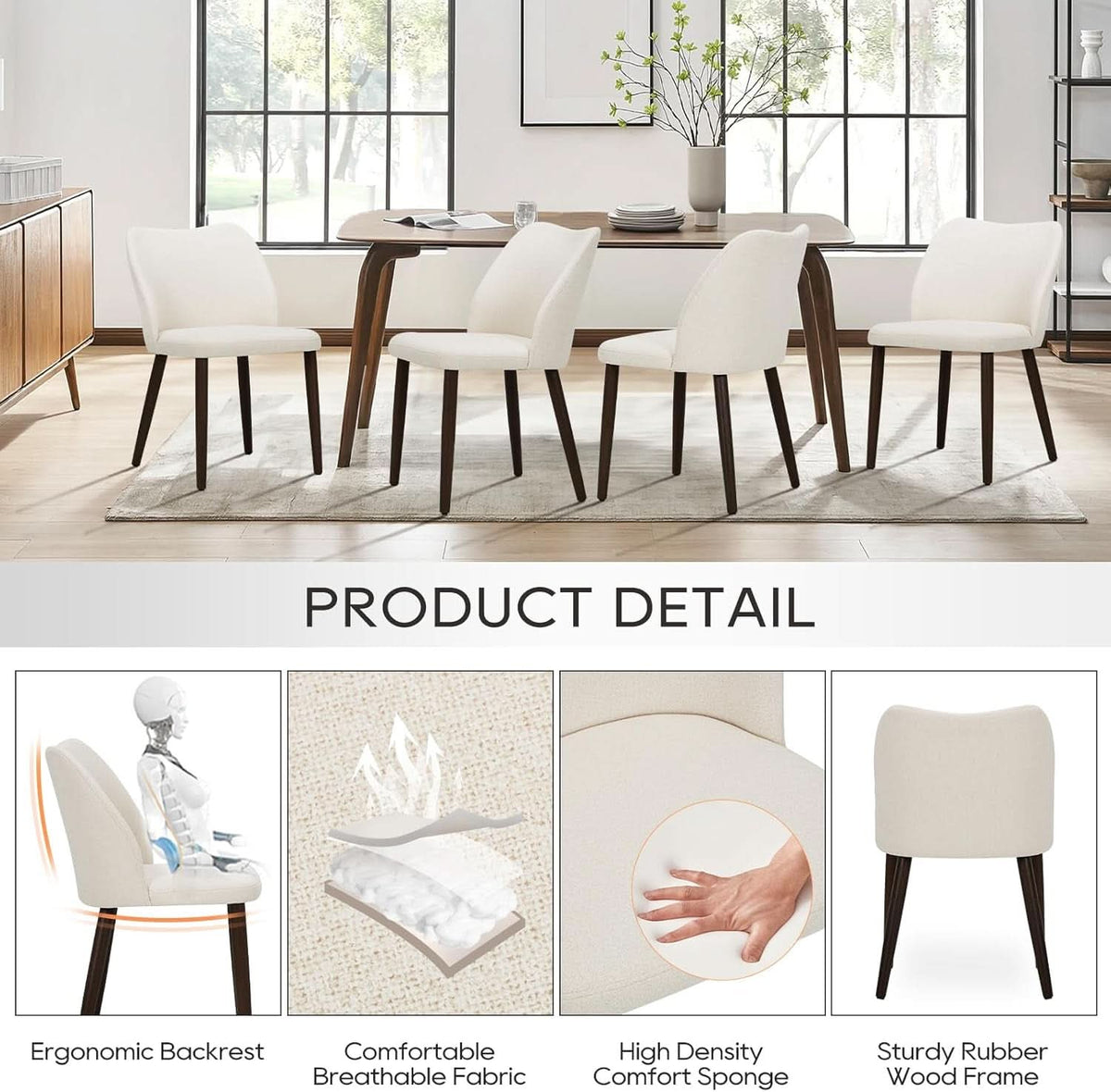Upholstered Dining Chairs Pair Beige Fabric Wood Legs